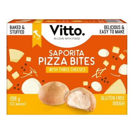 Box of Vitto Saporita Pizza Bites with three cheeses, gluten free dough, baked and stuffed, 198 g (12 pieces)
