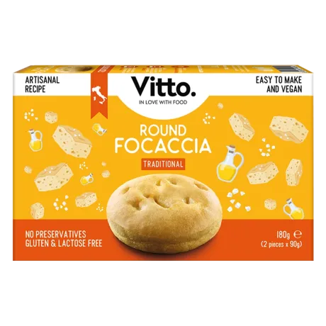 Box of Vitto Round Focaccia Traditional, gluten and lactose free, easy to make and vegan