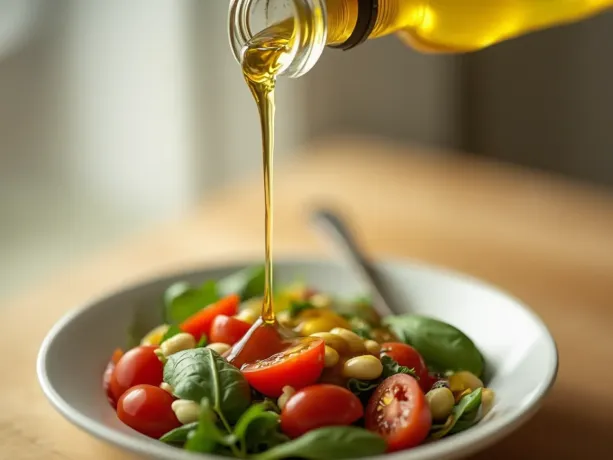 Bottle of olive pomace oil with warm light on a neutral background