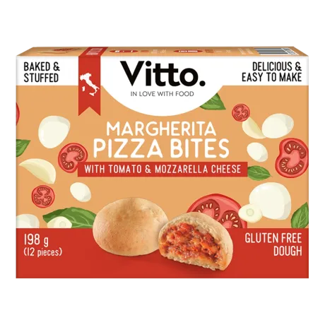 Box of Vitto Margherita Pizza Bites with tomato and mozzarella cheese, gluten free dough, baked and stuffed, 198 g (12 pieces)