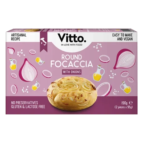 Box of Vitto Round Focaccia with onions, gluten and lactose free, easy to make and vegan