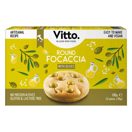 Vitto Round focaccia with olives - front pack view