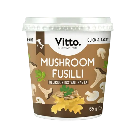 Cup of Vitto Mushroom Fusilli instant pasta, 65 g, with illustrated mushrooms and parsley on the brown packaging
