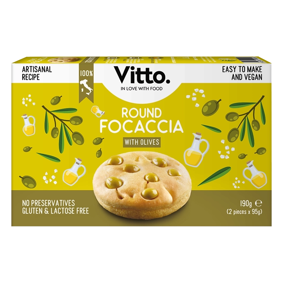 Vitto Round focaccia with olives - front pack view